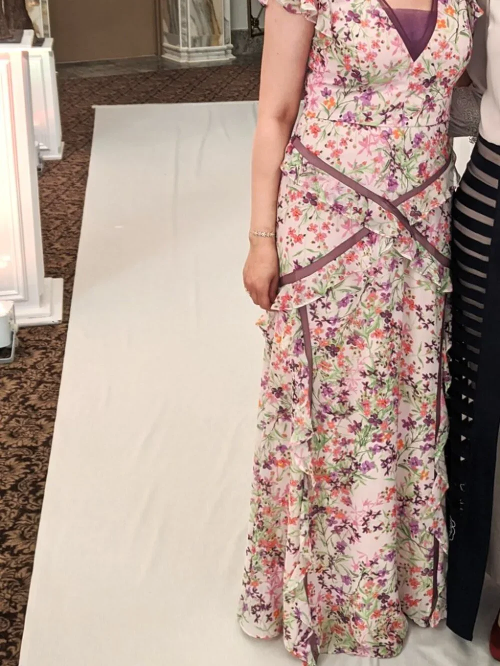 BCBGMaxAzria Floral Pink Purple Mesh/Ruffled Gown/Dress - Picture 3 of 7